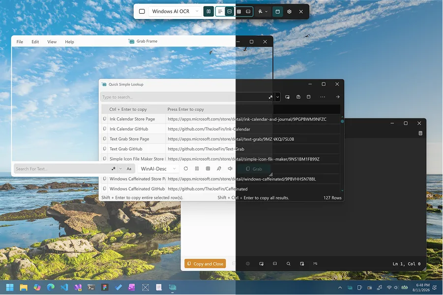 Text-Grab Windows UI showing Full-Screen Grab, Grab Frame, Edit Text, and Quick Simple Lookup mode entry.
